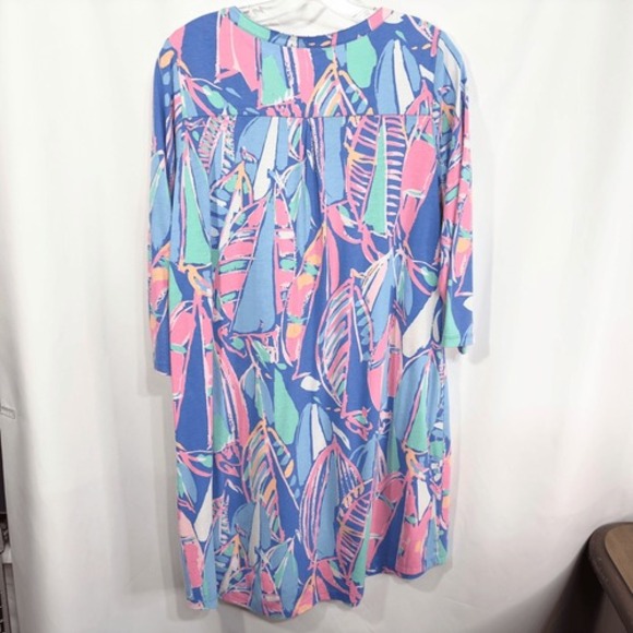 Lilly Pulitzer Large Dress Blue Pink Shift Above Knee Mini V Neck Cotton 429 - Picture 3 of 10